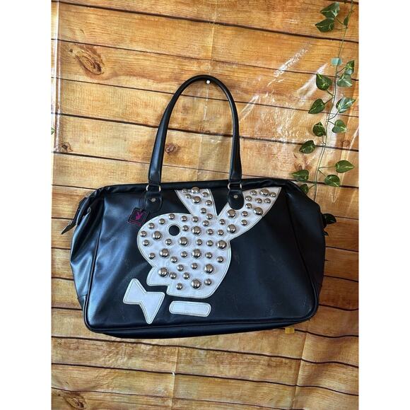 Y2K Styled Early 2010 Playboy Doctor Bag Purse Black White Large Silver Studs
